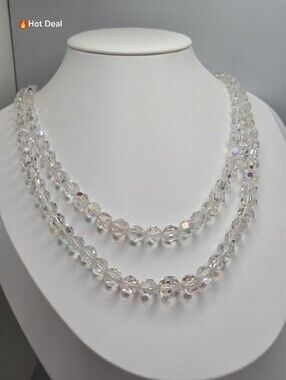 Vintage Crystal Bead Necklace Multi Strand Lead Glass 925 Clasp 27-30"